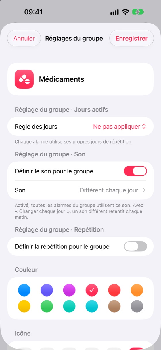 Réglages du groupe